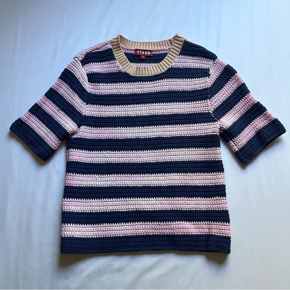 STAUD pink navy striped chunky knit crew neck short sleeve sweater top